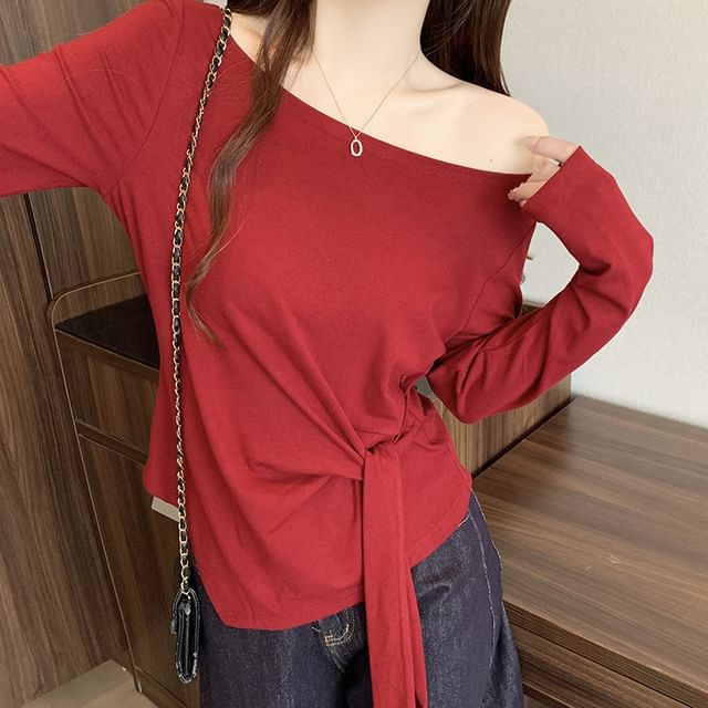 Asymmetrical Tie Waist T-Shirt with Off-Shoulder and Long Sleeves