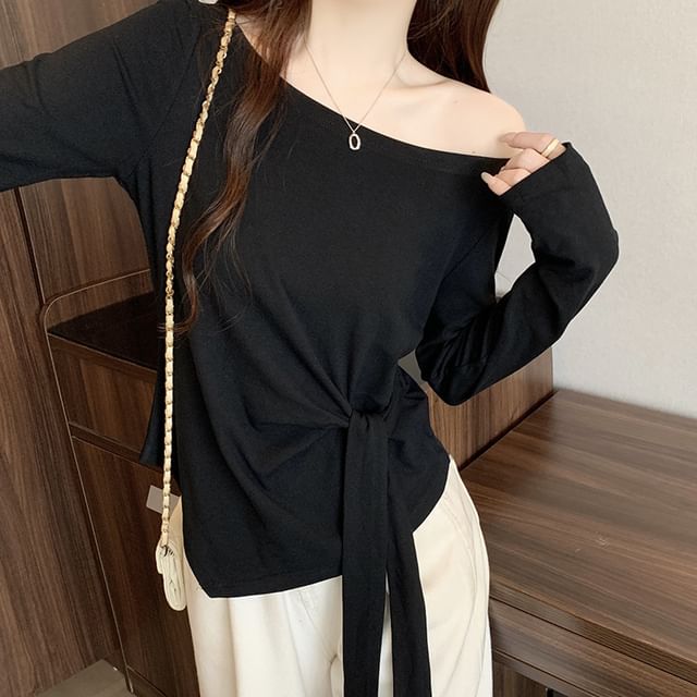 Asymmetrical Tie Waist T-Shirt with Off-Shoulder and Long Sleeves