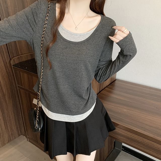 Two-Tone Mock Two-Piece T-Shirt with Scoop Neck and Long Sleeves