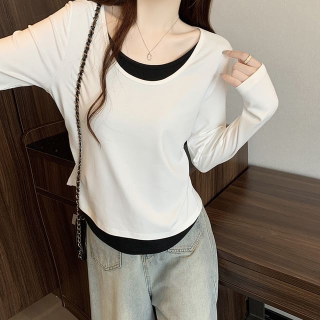 Two-Tone Mock Two-Piece T-Shirt with Scoop Neck and Long Sleeves