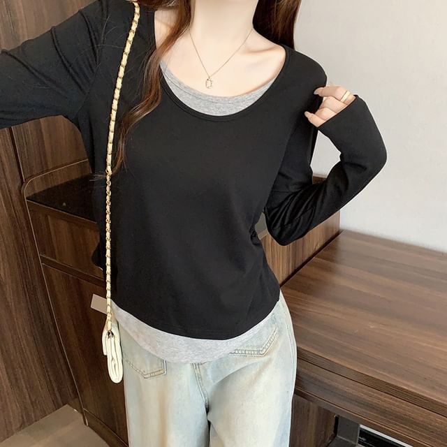 Two-Tone Mock Two-Piece T-Shirt with Scoop Neck and Long Sleeves