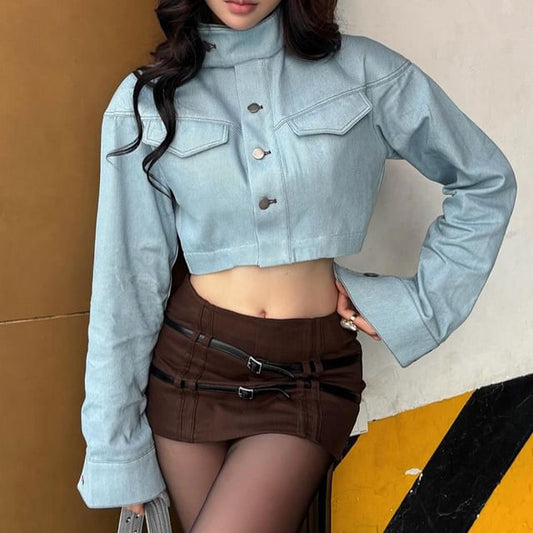 Mid Waist Buckled Mini Pencil Skirt & Faux Leather Crop Button-Up Jacket