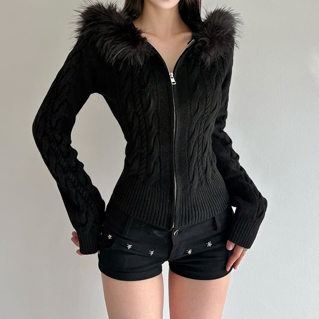 Plain Hooded Fluffy Trim Cable Knit Zip Cardigan