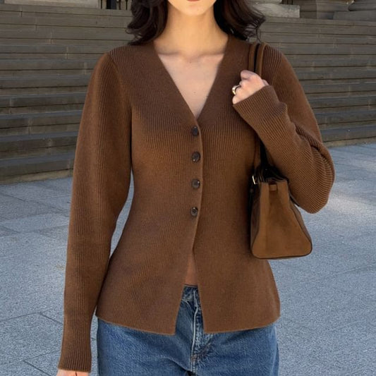V-Neck Plain Ribbed Cardigan