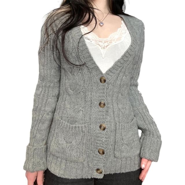 V-Neck Melange Cable Knit Cardigan
