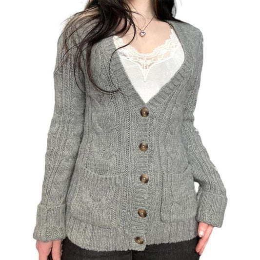 V-Neck Melange Cable Knit Cardigan