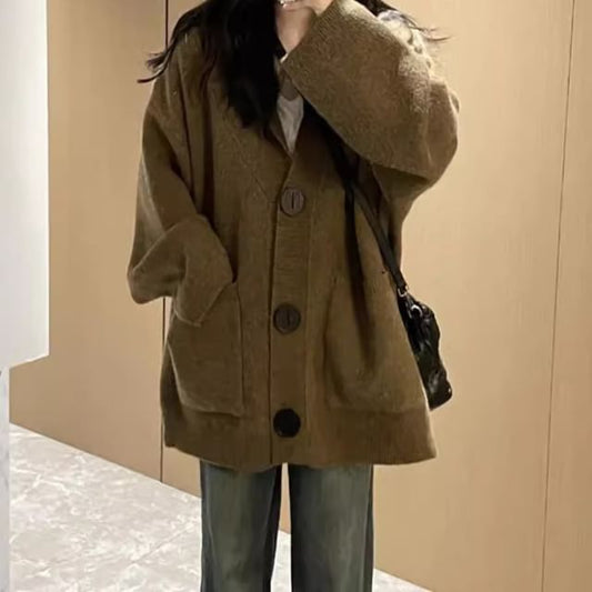 Hooded Button-Up Plain Oversized Cardigan