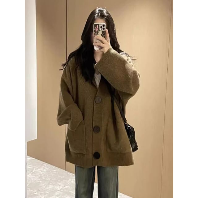 Hooded Button-Up Plain Oversized Cardigan