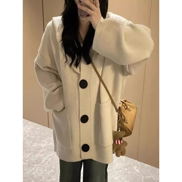 Hooded Button-Up Plain Oversized Cardigan