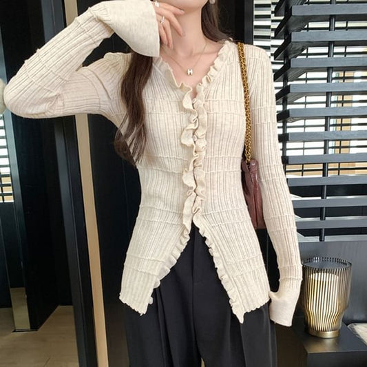 V-Neck Plain Ruffle Ribbed Cardigan