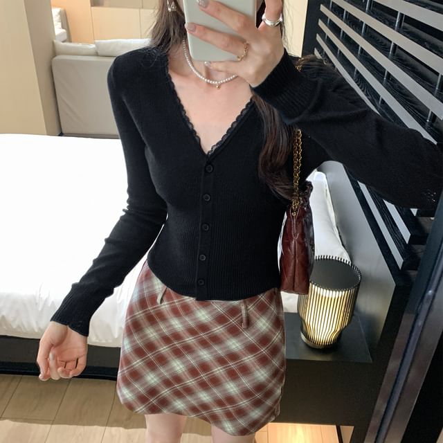 V-Neck Plain Pointelle Lace Trim Cardigan