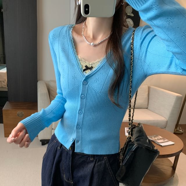 V-Neck Plain Pointelle Lace Trim Cardigan