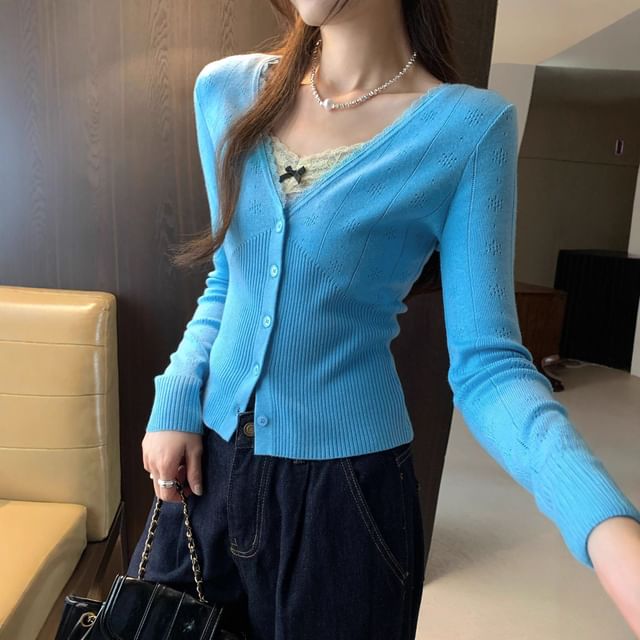 V-Neck Plain Pointelle Lace Trim Cardigan