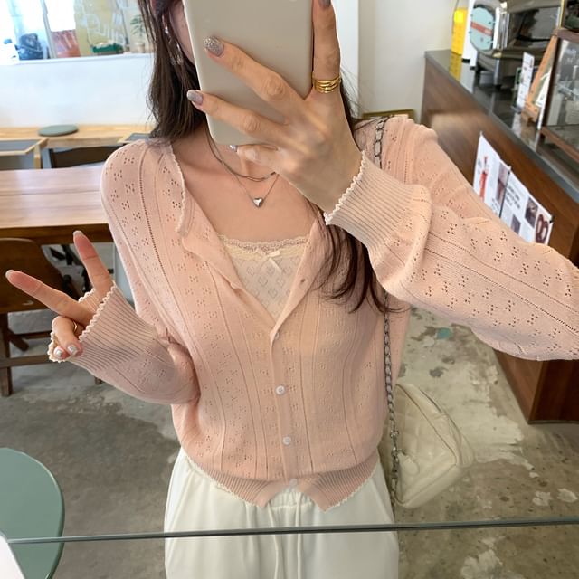 Set: Round Neck Contrast Trim Pointelle Cardigan + Plain Camisole Top