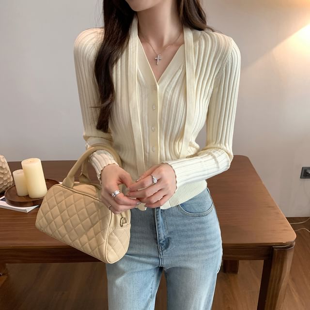 V-Neck Plain Sash Ribbed Cardigan