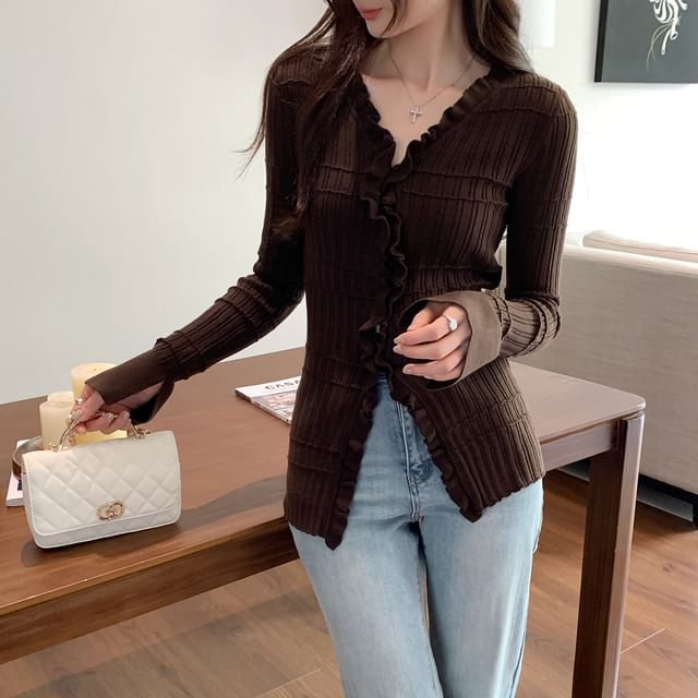 V-Neck Plain Ruffle Ribbed Cardigan