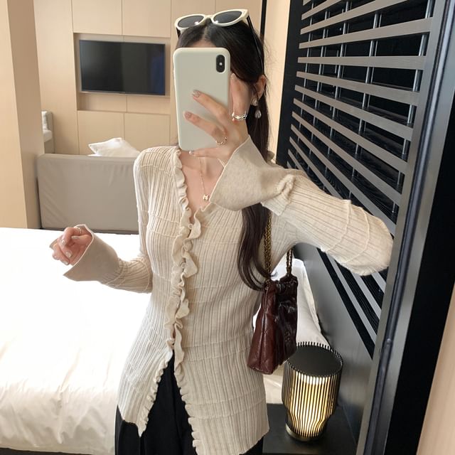 V-Neck Plain Ruffle Ribbed Cardigan