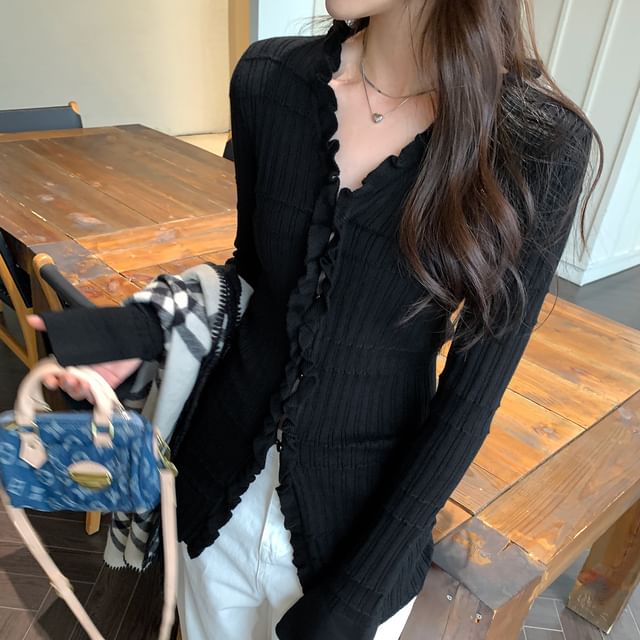 V-Neck Plain Ruffle Ribbed Cardigan
