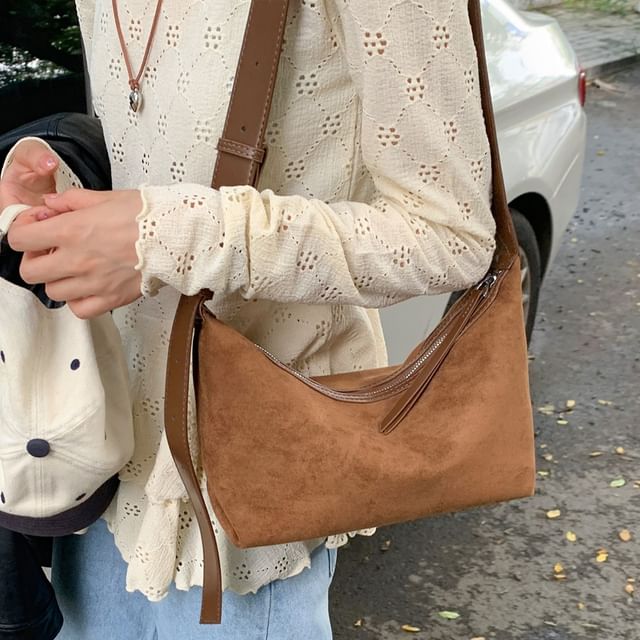 Faux Suede Plain Zip Shoulder Bag
