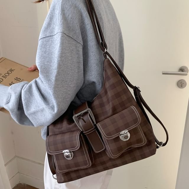 Faux Leather Panel Plaid Shoulder Bag
