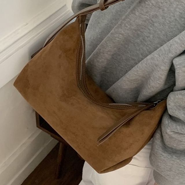 Faux Suede Plain Zip Shoulder Bag