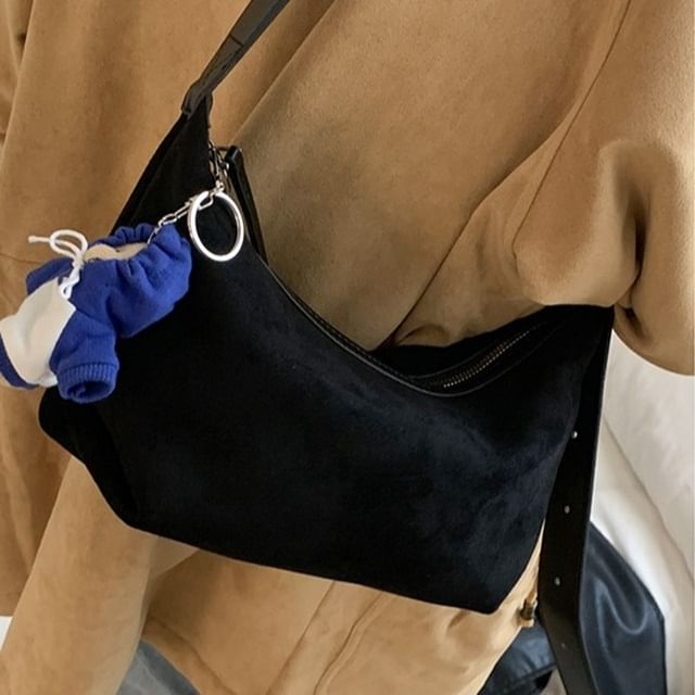 Faux Suede Plain Zip Shoulder Bag