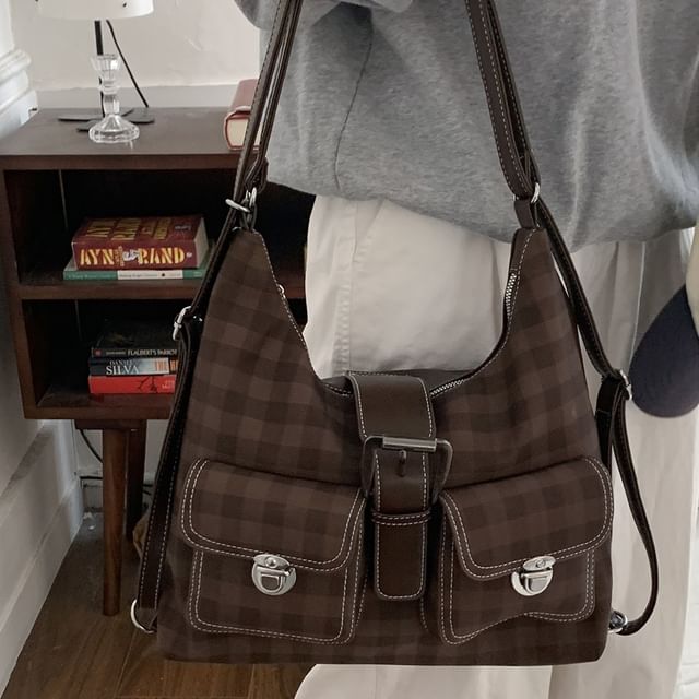 Faux Leather Panel Plaid Shoulder Bag