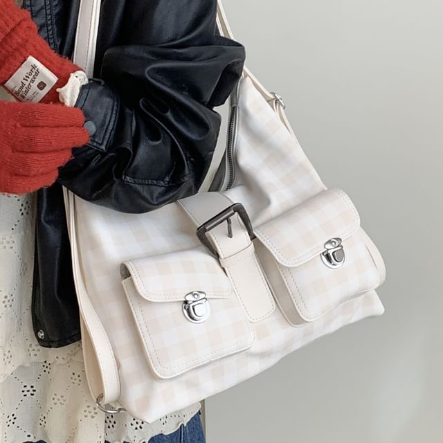 Faux Leather Panel Plaid Shoulder Bag