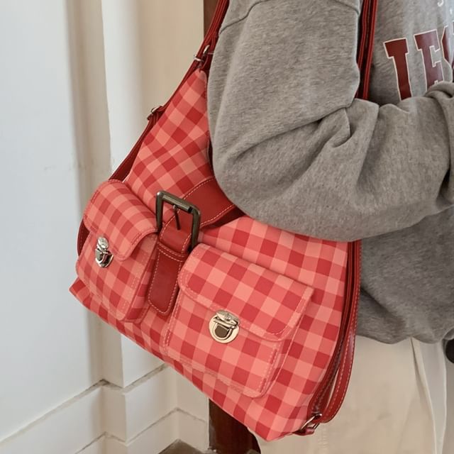 Faux Leather Panel Plaid Shoulder Bag