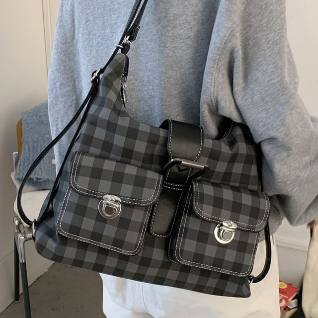 Faux Leather Panel Plaid Shoulder Bag