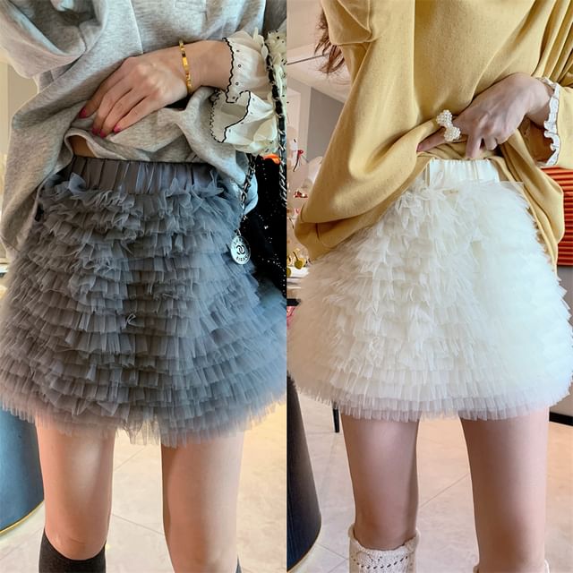 Elastic Waist Plain Sheer Mini Skirt