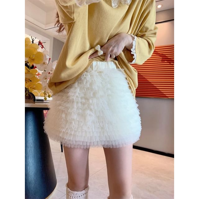 Elastic Waist Plain Sheer Mini Skirt