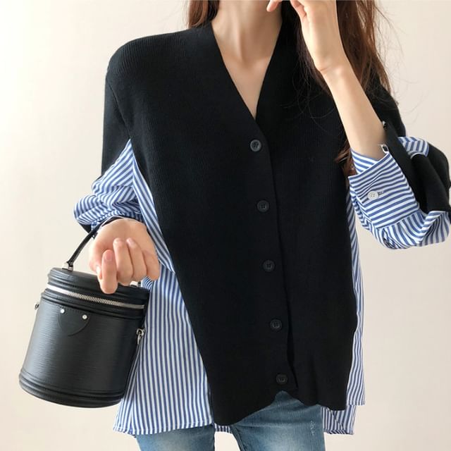 V-Neck Striped Panel Button Up Cardigan