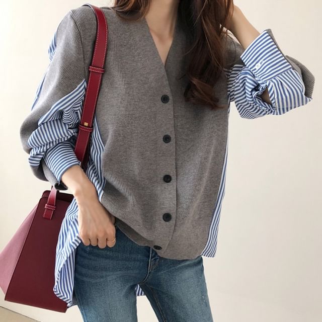 V-Neck Striped Panel Button Up Cardigan