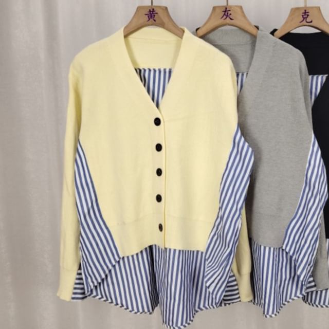 V-Neck Striped Panel Button Up Cardigan
