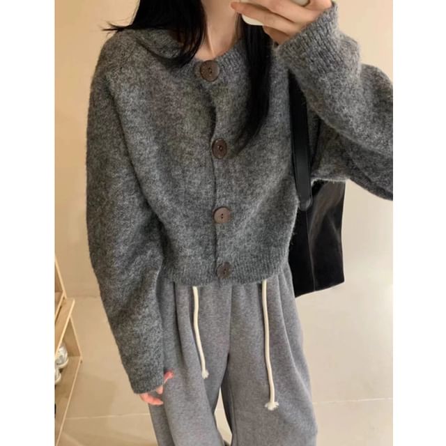 Round Neck Drop Shoulder Plain Button Up Cardigan