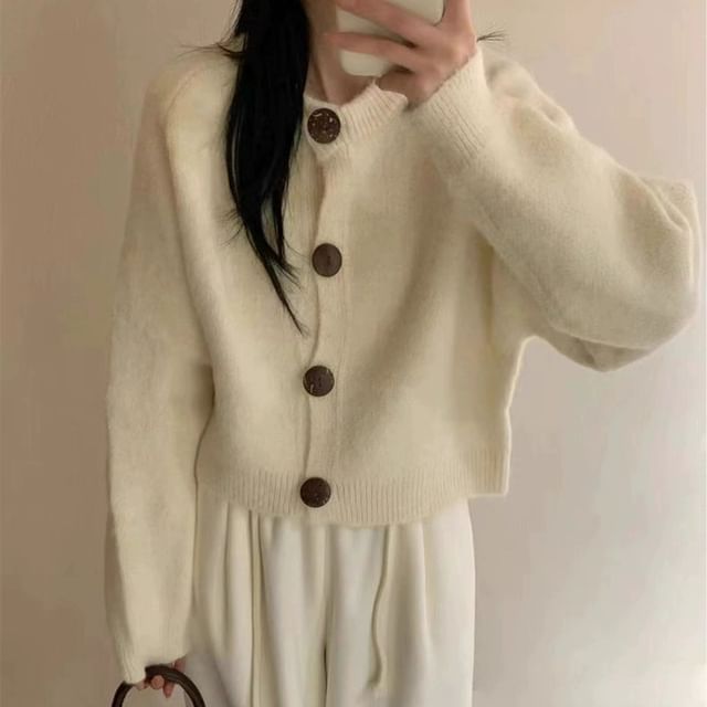 Round Neck Drop Shoulder Plain Button Up Cardigan