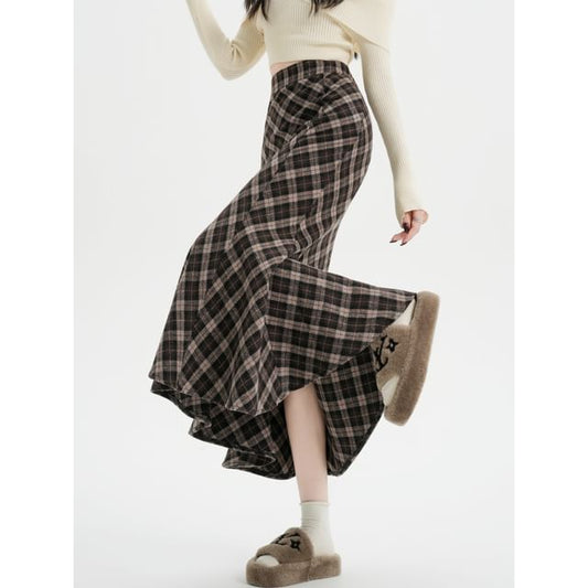 High Rise Plaid Maxi Fishtail Skirt