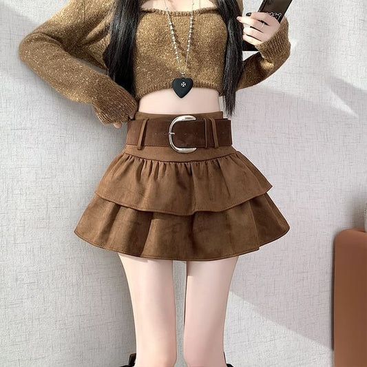 High Waist Ruffle Faux Suede Mini A-Line Skirt with Belt Set
