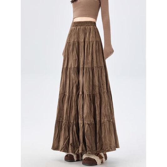 Elastic Waist Tiered Velvet Maxi A-Line Skirt