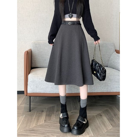 High Waist Plain Midi A-Line Skirt