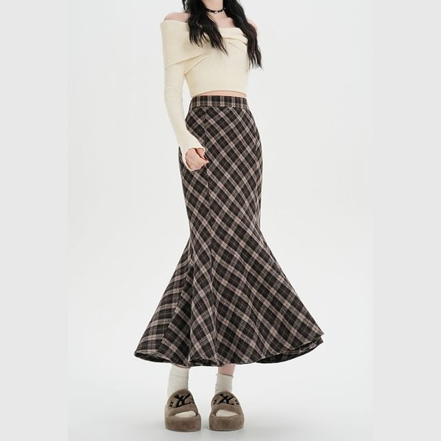 High Rise Plaid Maxi Fishtail Skirt