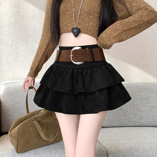 High Waist Ruffle Faux Suede Mini A-Line Skirt with Belt Set
