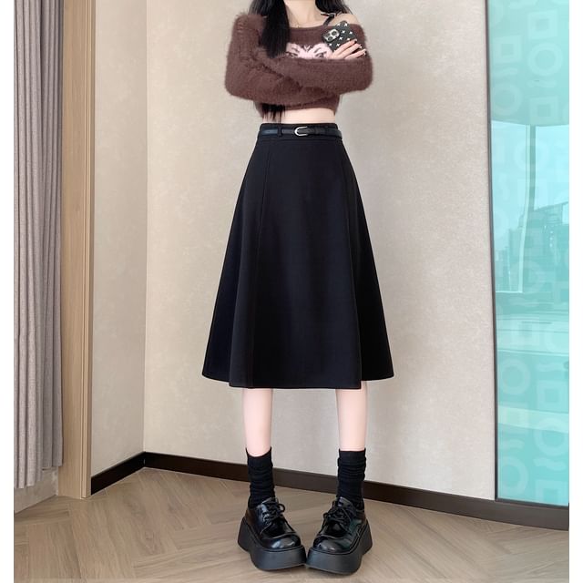 High Waist Plain Midi A-Line Skirt