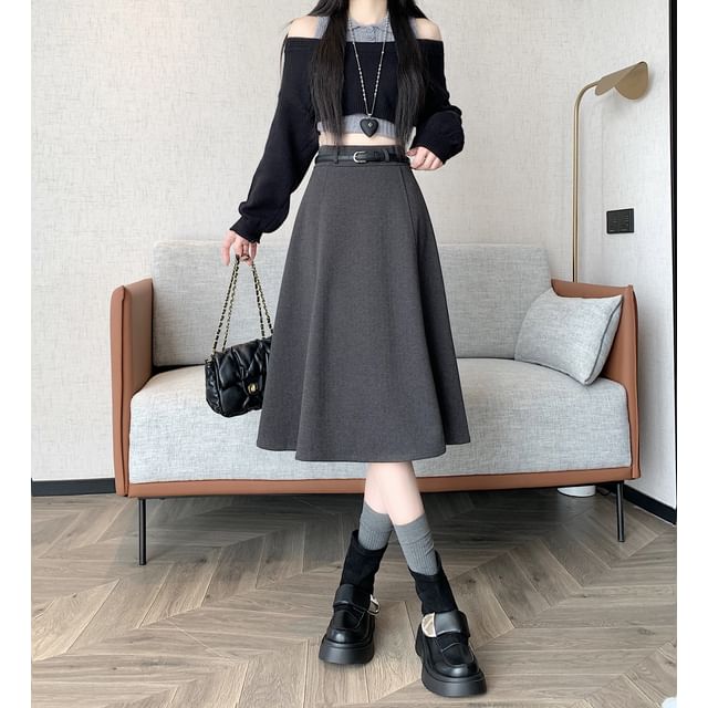 High Waist Plain Midi A-Line Skirt