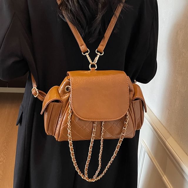 Quilted Flap Pocket Faux Leather Backpack Shoulder Bag