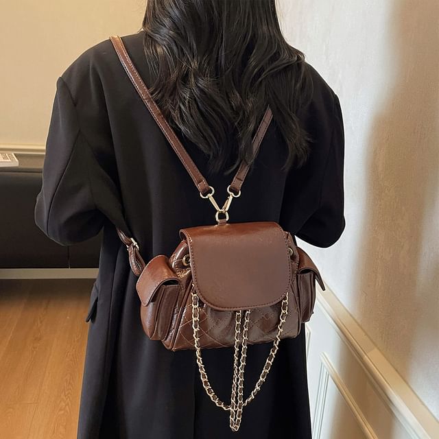 Quilted Flap Pocket Faux Leather Backpack Shoulder Bag
