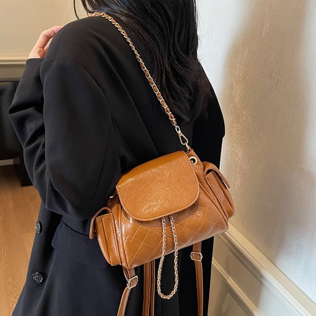 Quilted Flap Pocket Faux Leather Backpack Shoulder Bag