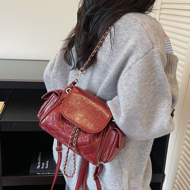 Quilted Flap Pocket Faux Leather Backpack Shoulder Bag