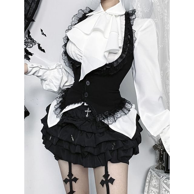 Sleeveless Lace Crop Top & Long-Sleeve Shirt & Mini Tiered Skirt